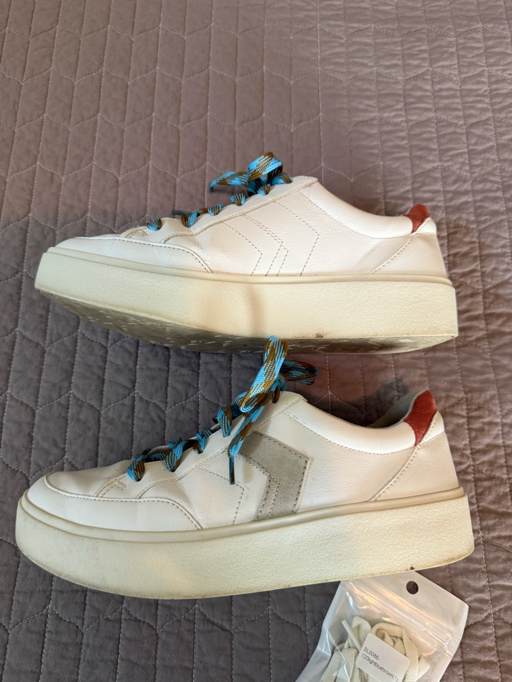 Dr. Scholl's White Sneakers with Blue and Brown Laces and Red Heel - Picture 8 of 12